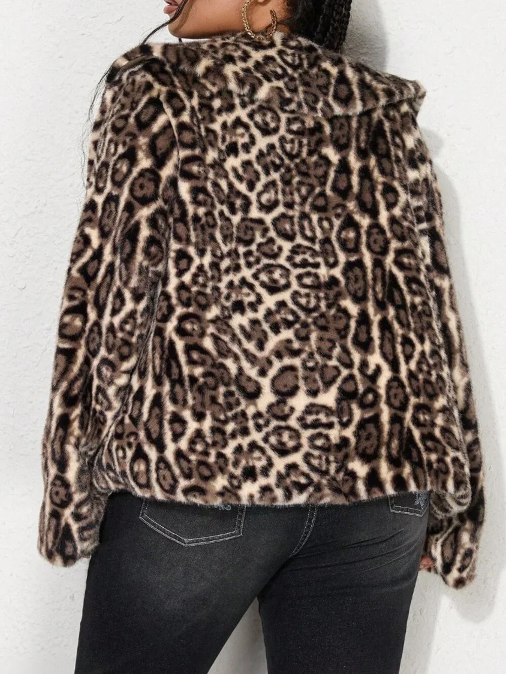 Brown Grunge Women's Loose Fuzzy Zip-Open Long Sleeve Jacket